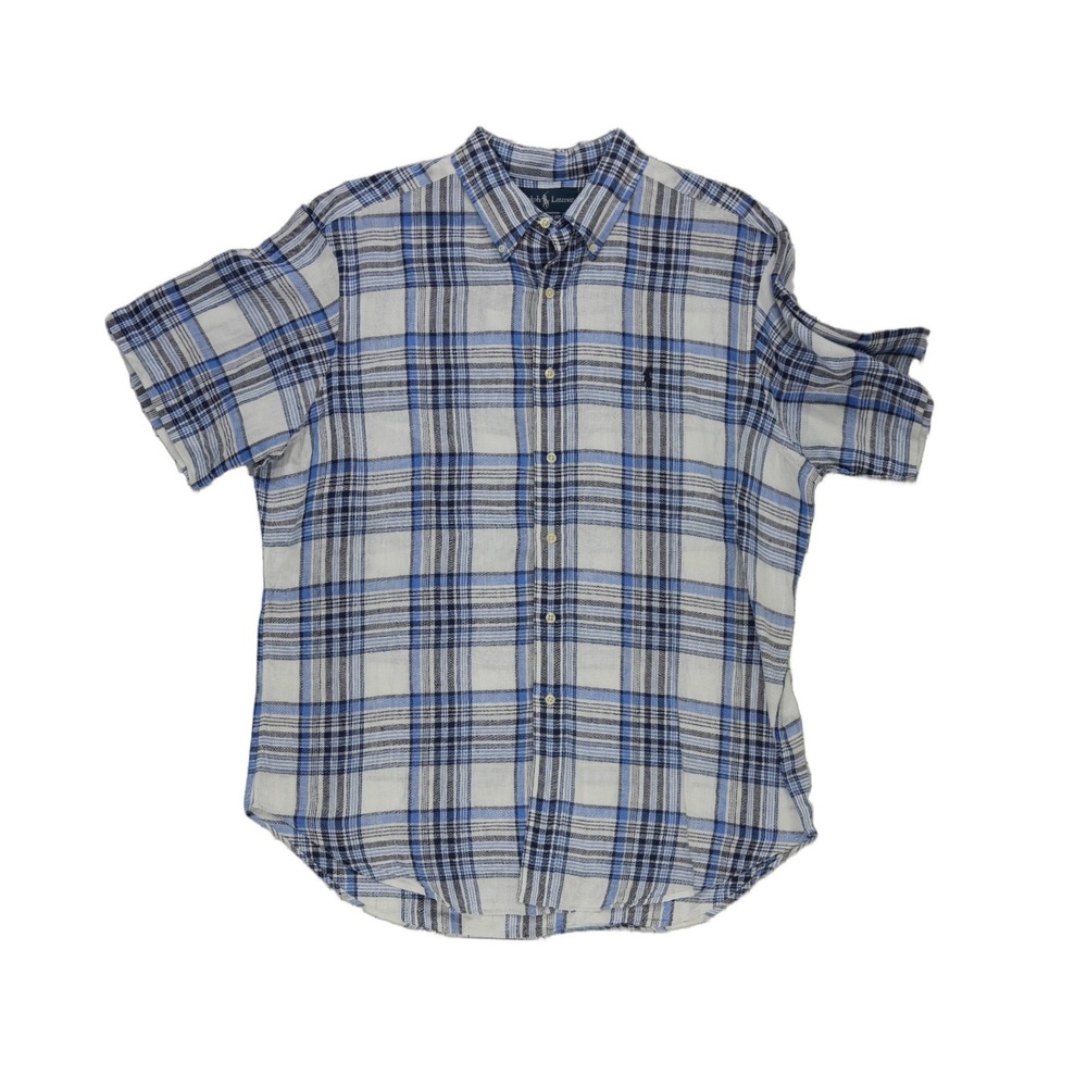 Polo Ralph Lauren Button Down Men's Size XL Blue White Plaid Linen Cotton S/S
